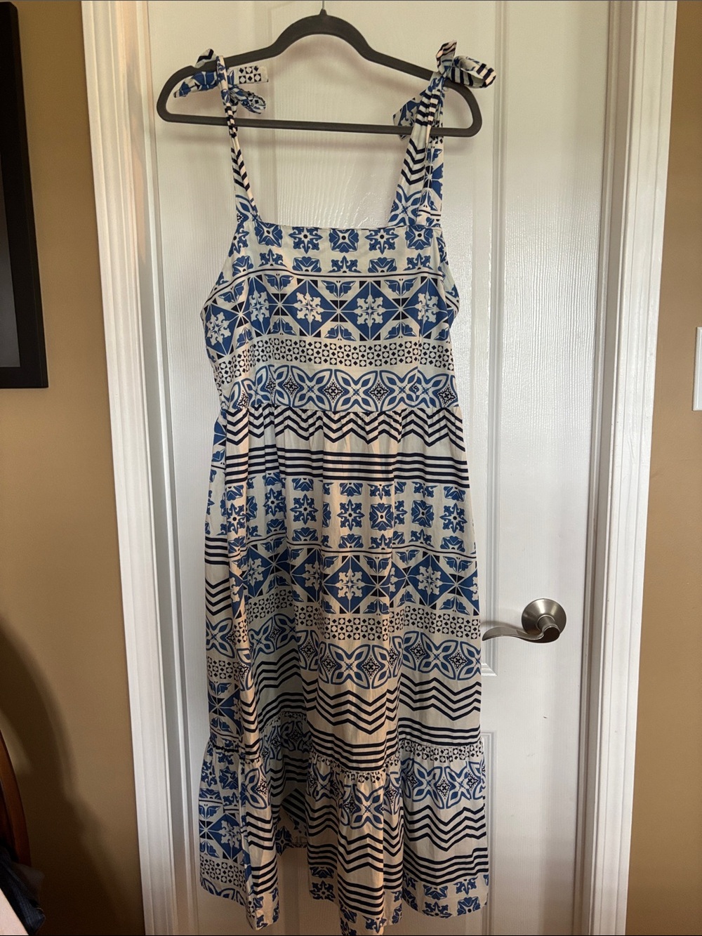 Blue and White Printed Tie-Shoulder Maxi Dress